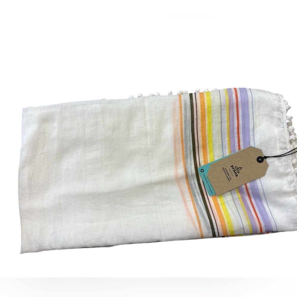 Prana  NWT  Stefany Sarong/Scarf Multicolor Striped, with Pom Pom Trim